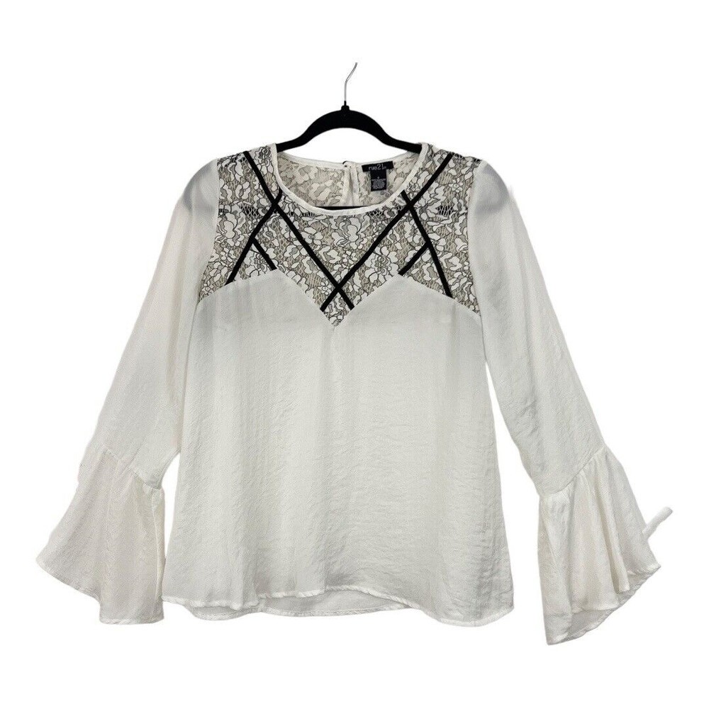 Rue 21 Womens Size Small White Black Lace Trim Bell Sleeve Blouse